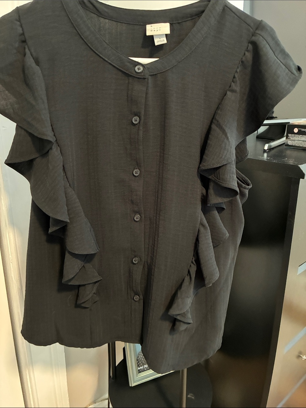 a new day Black Ruffle-Sleeve Button Front Blouse